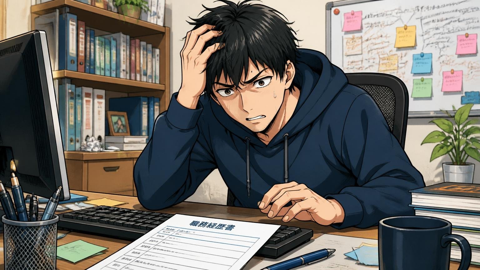自宅のデスクで職務経歴書を前にキーボードに手が止まる30代男性エンジニア1人、苦悩の表情