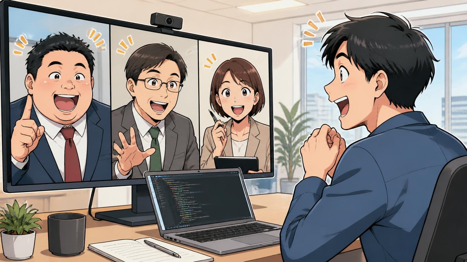 複数エージェント比較の重要性｜大阪のオフィスで3社のエージェント担当者と並んでZoom面談する中堅エンジニア1人