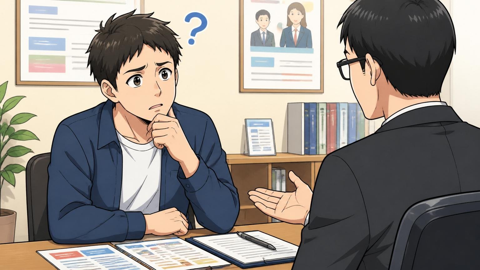 1社のエージェントだけに登録する失敗。エージェントのオフィスで担当者と話す30代男性求職者1人、疑問の表情