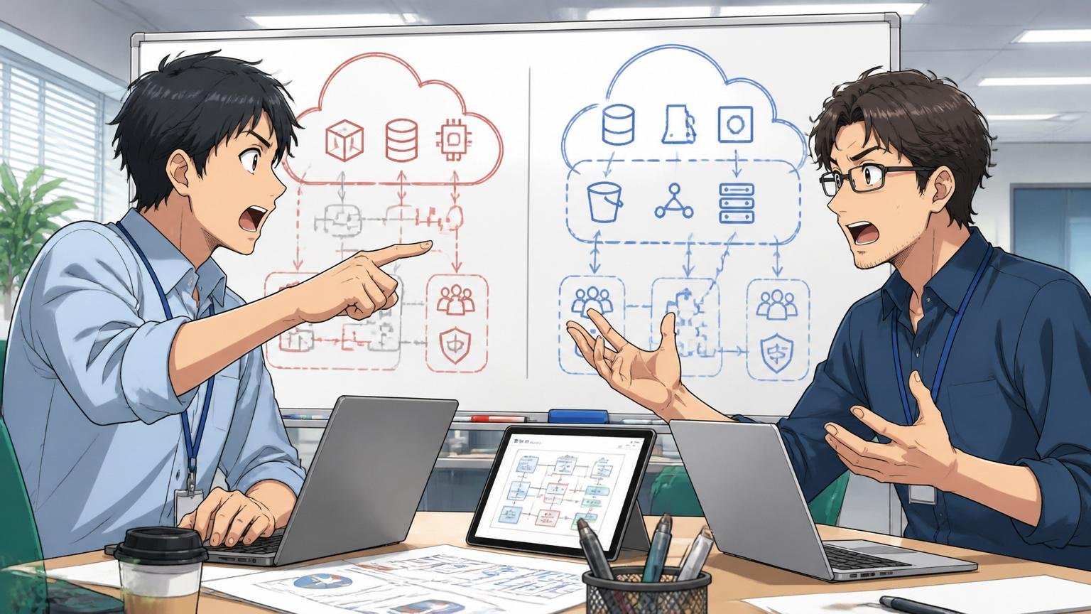 エンタープライズ企業のクラウド移行プロジェクト室でOCIとAWSを比較する30代エンジニア2人