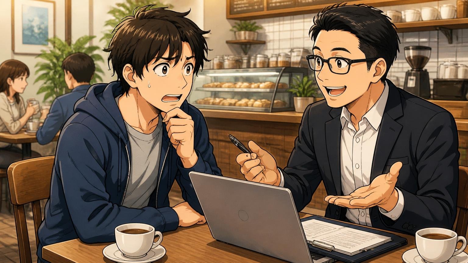 いま動く必要があるかも含めて誰かに話す、カフェのテーブルで転職エージェントの担当者と相談するエンジニアの表情