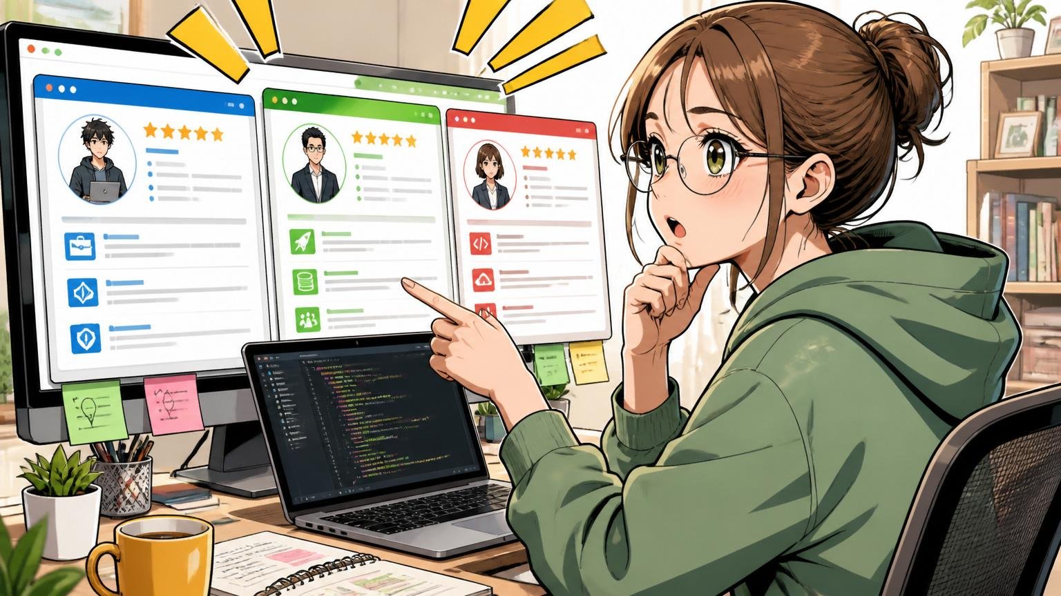 経験者なら使い分けたいIT専門エージェントの選び方。自宅のデスクで在宅勤務中の30代女性エンジニアが3つのエージェントサイトを比較検討している、画面に複数のサイトが開いている