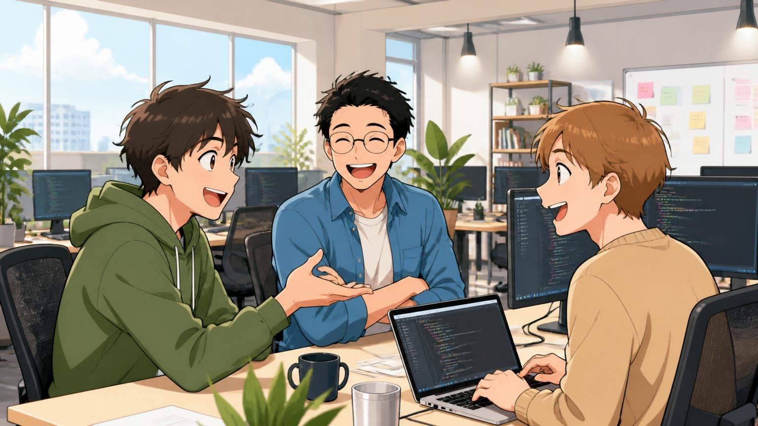 Web系スタートアップのオフィスで談笑する若手エンジニア、モダンな開発環境のフリーアドレス、3人