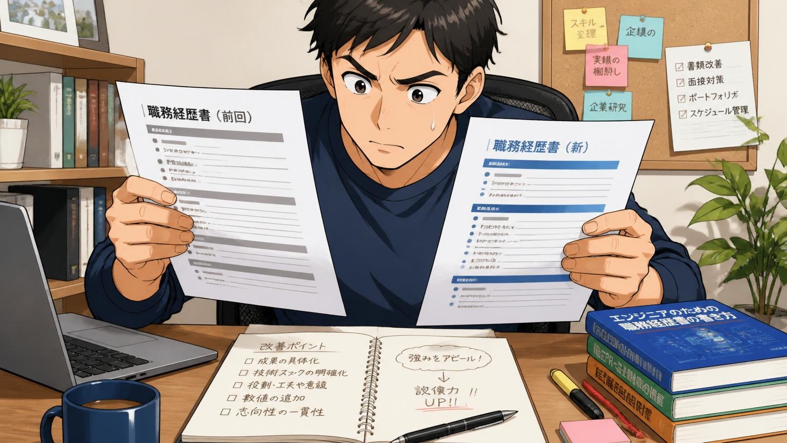 自宅のデスクで職務経歴書を書き直す30代男性エンジニア1人。前回の書類と新しい書類を見比べて改善点を整理している