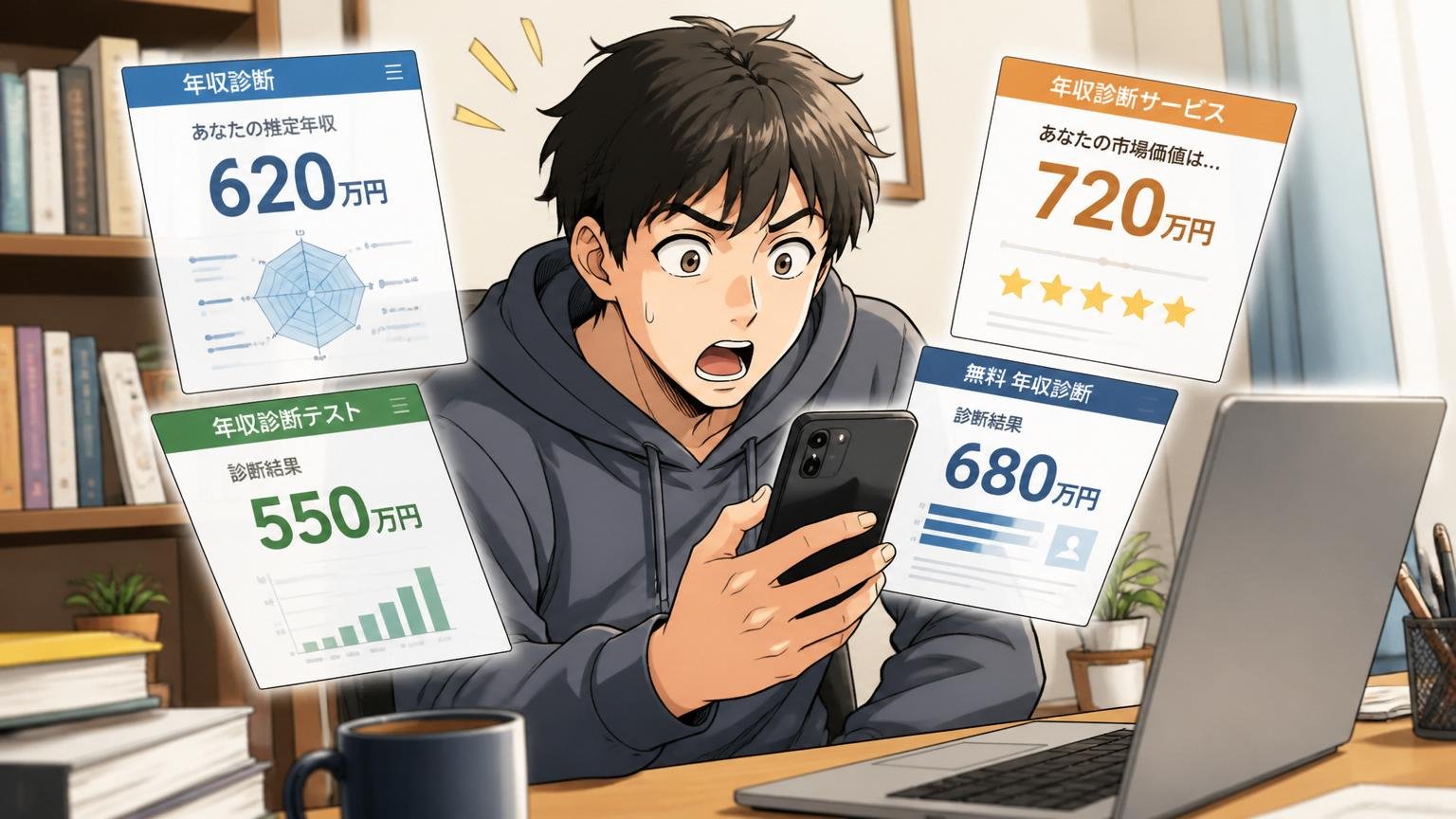 軸②自分の市場価値を客観的に把握しているか。自宅のデスクで20代エンジニア1人がスマホで複数の年収診断画面を比較する驚いた表情
