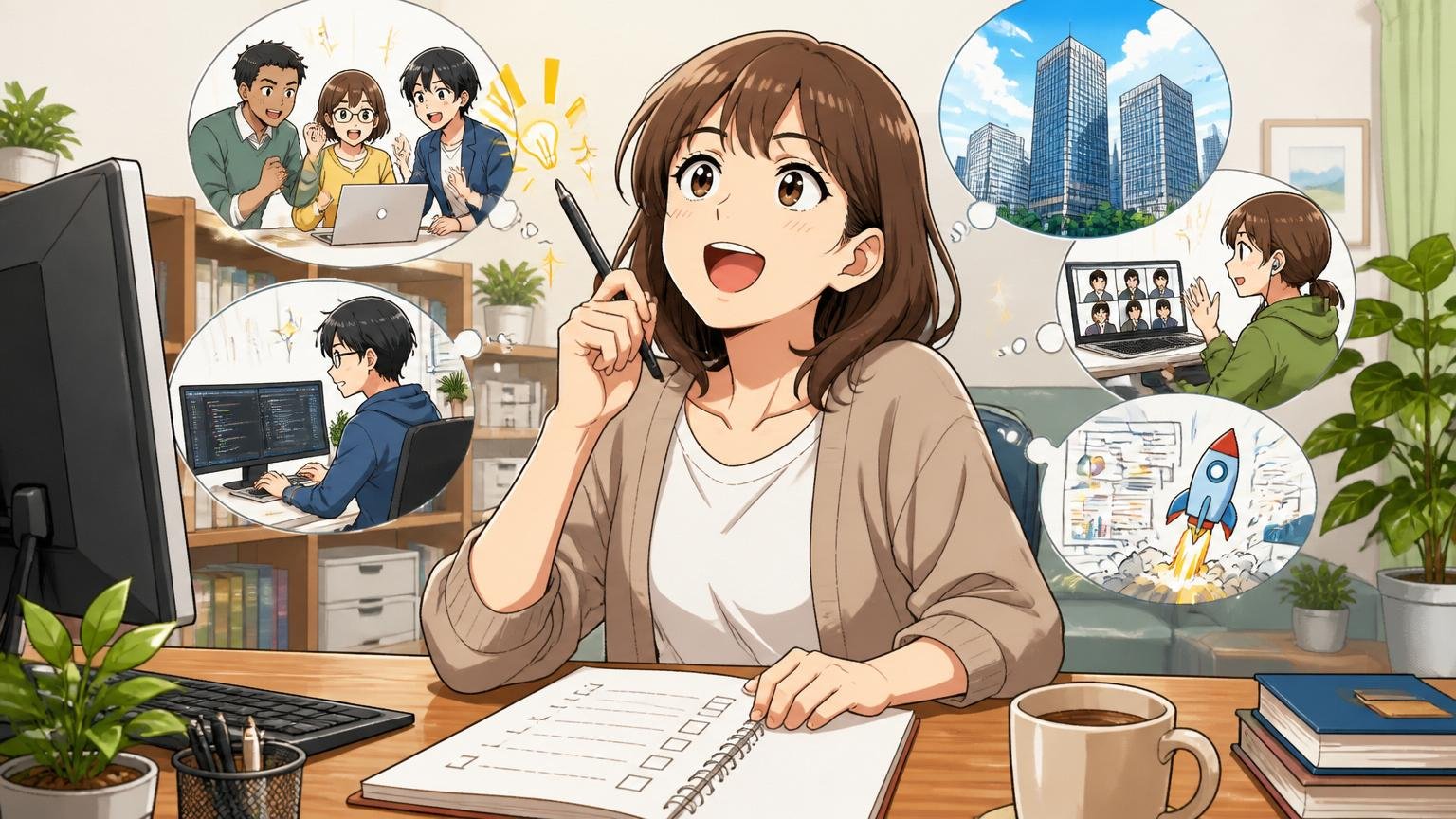 自宅のデスクで30代女性エンジニアがノートに転職先候補リストを書きながら視野を広げる、ひらめきの表情