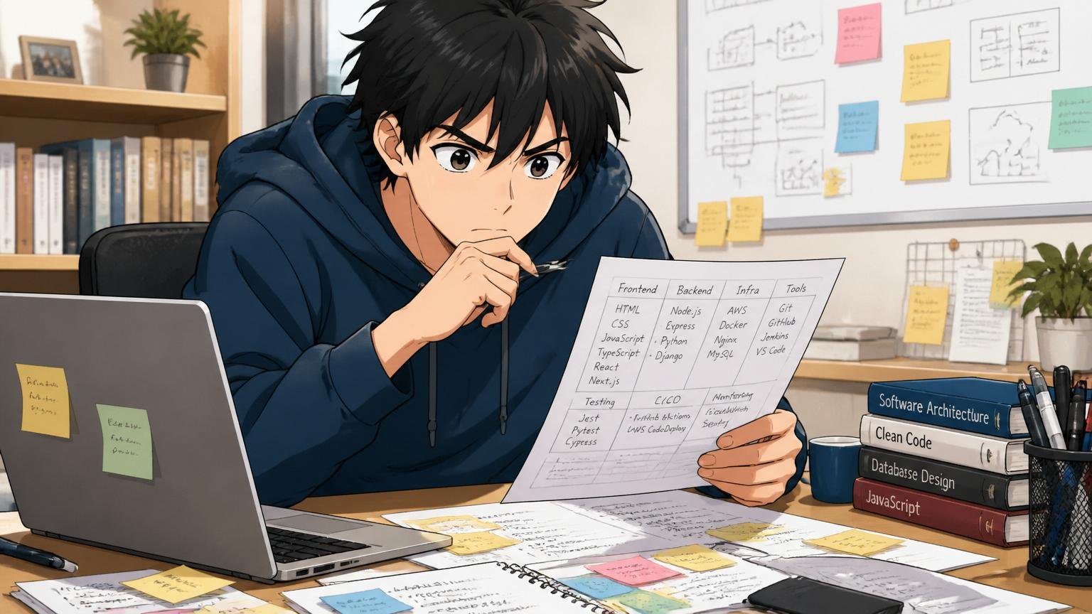 自宅のデスクで職務経歴書を書きながらITエンジニア1名が技術スタックを棚卸しする真剣な表情