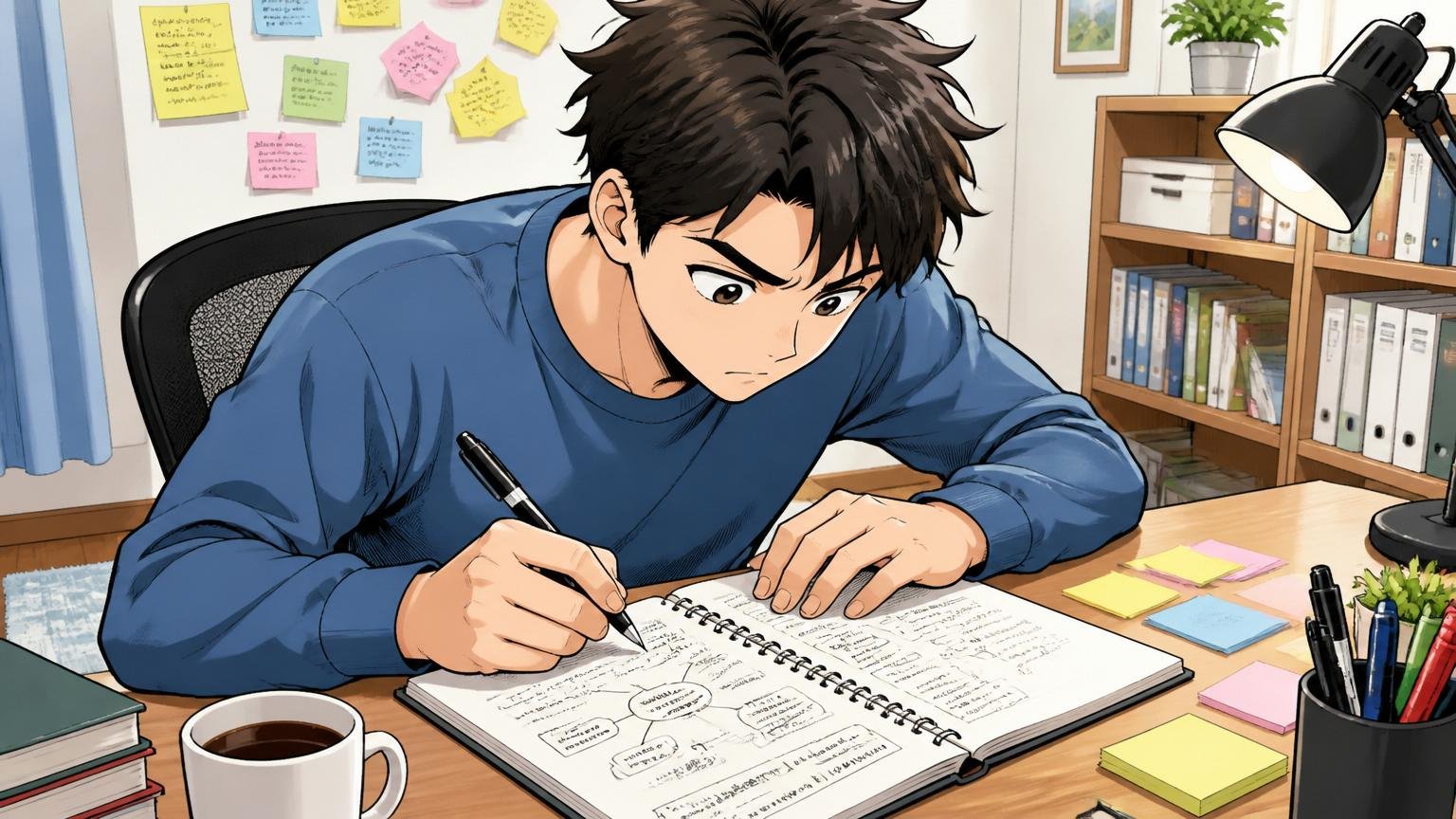 自宅のデスクでノートに自分の経験を書き出して整理する転職準備中の応募者1名