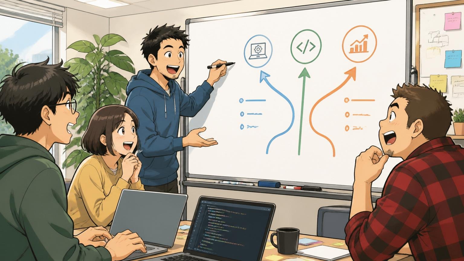 Web系スタートアップのオフィスで複数のエンジニアがミーティングし、ホワイトボードに3つのキャリアルートを書き出す