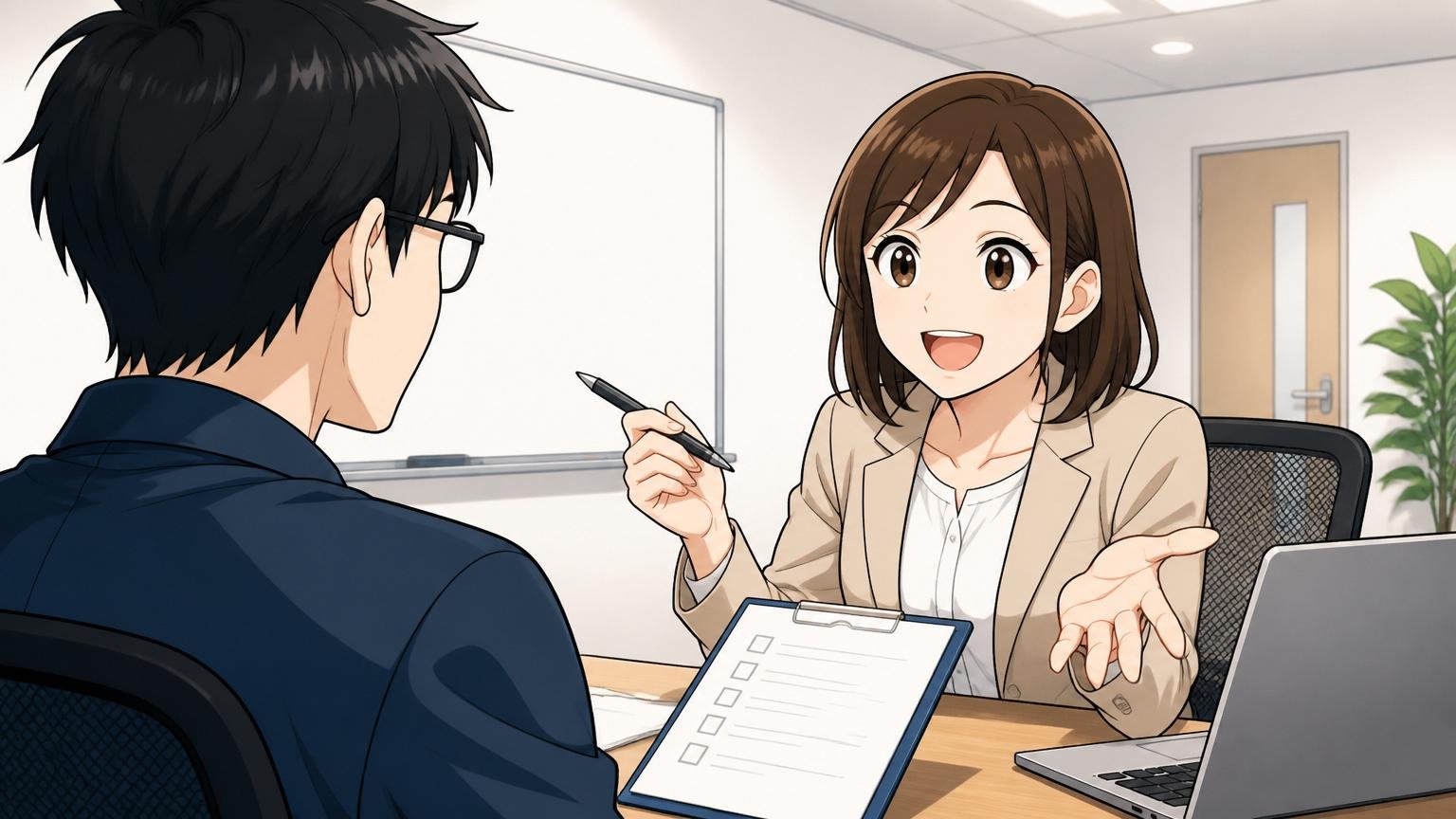 企業の会議室で面接、30代女性キャリアアドバイザーがITエンジニアの応募者にフィードバックを伝える