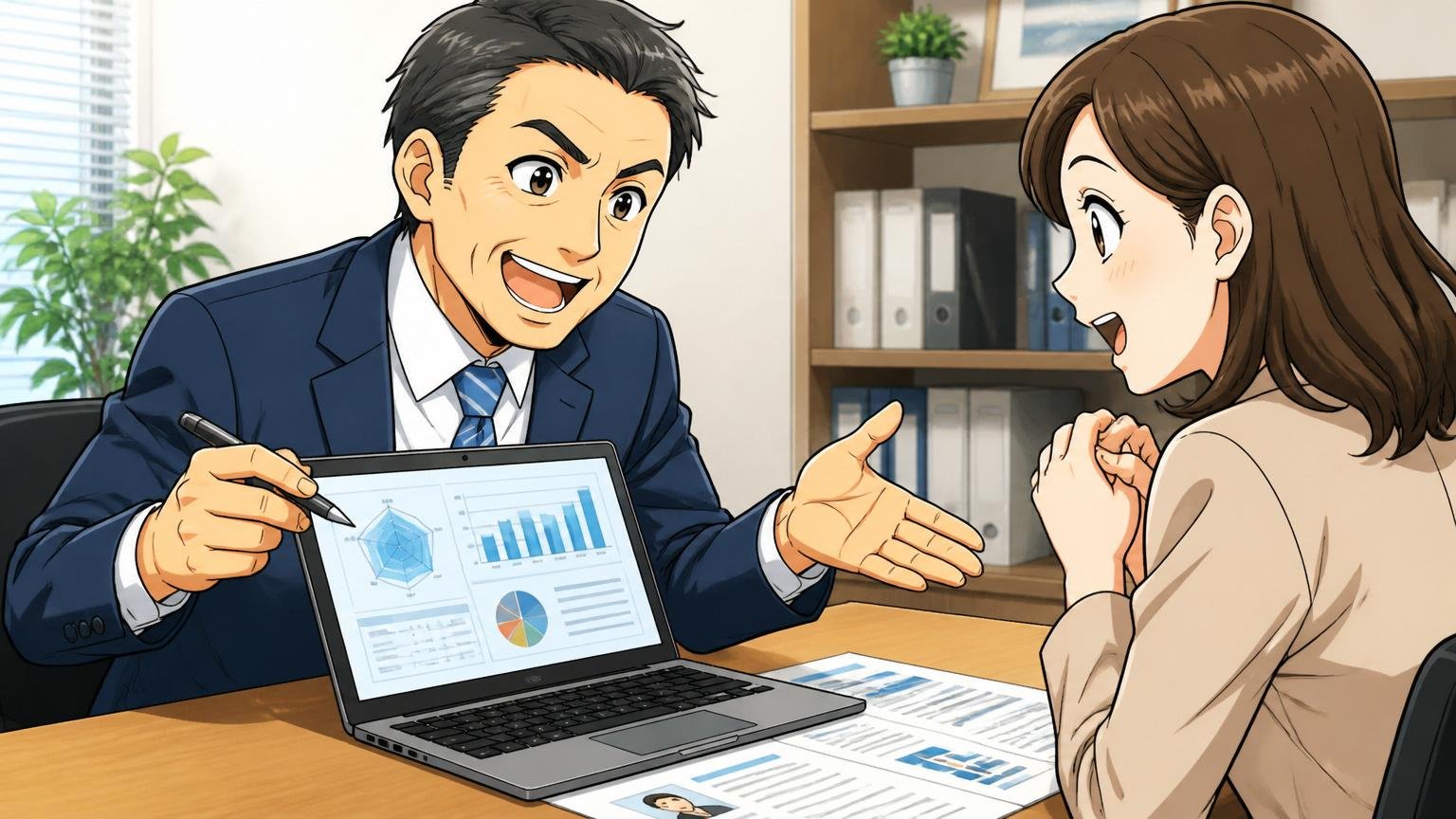 自分の市場価値の客観診断、転職エージェントのオフィスで40代男性キャリアアドバイザーと30代女性求職者が面談する
