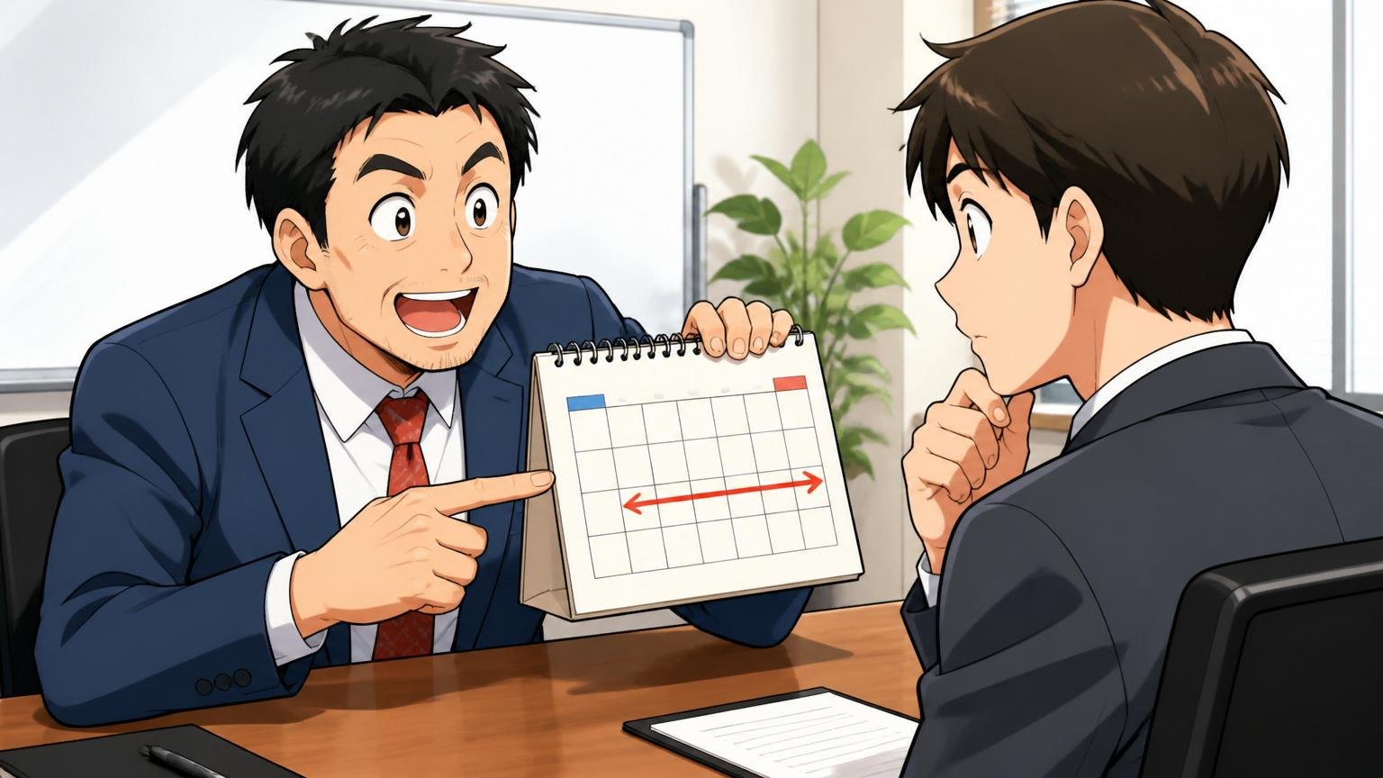 一般的な転職市場の慣例は6ヶ月〜1年と説明するメンター、企業の会議室で面接、2人、カレンダーを指差す説明表情