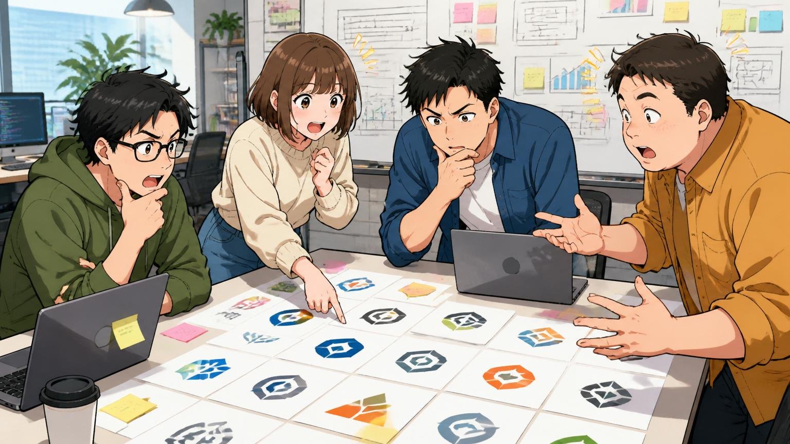 Web系スタートアップのオフィスで多様な企業のロゴを比較しながら考えるエンジニアたちの様子