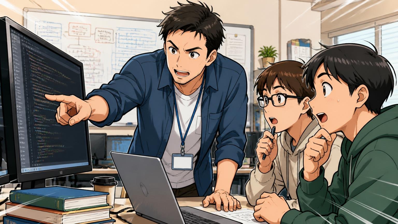 SIerの開発現場でプロジェクトリーダーとして若手2名にレビューする中堅エンジニアが指示を出す場面