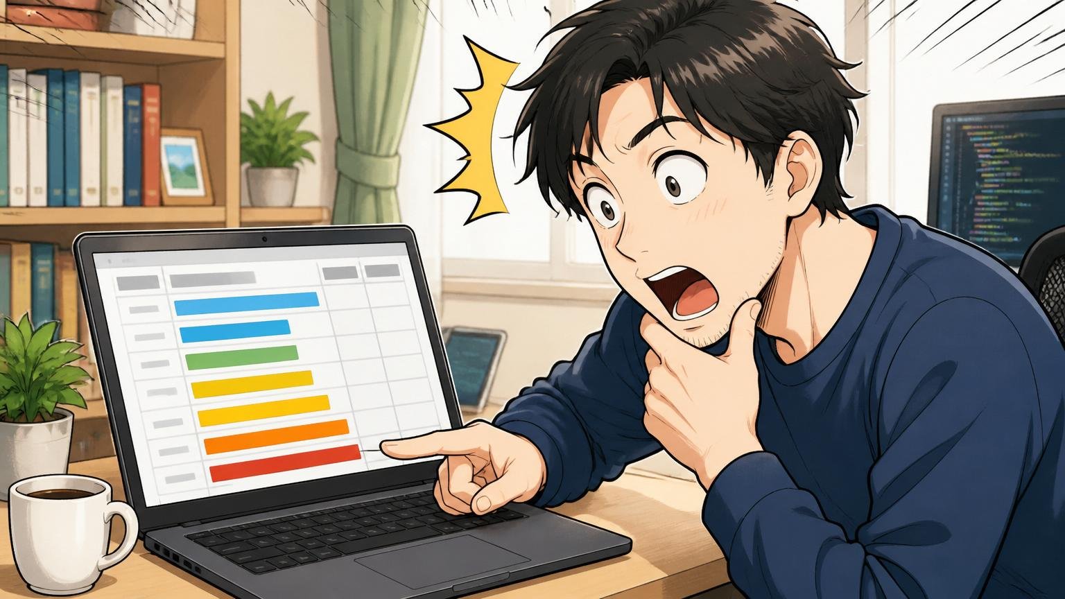 ITエンジニア経験者の年収は思っているより上がる 自宅のデスクで年収相場の比較表を見るエンジニア 30代1人 驚いた表情