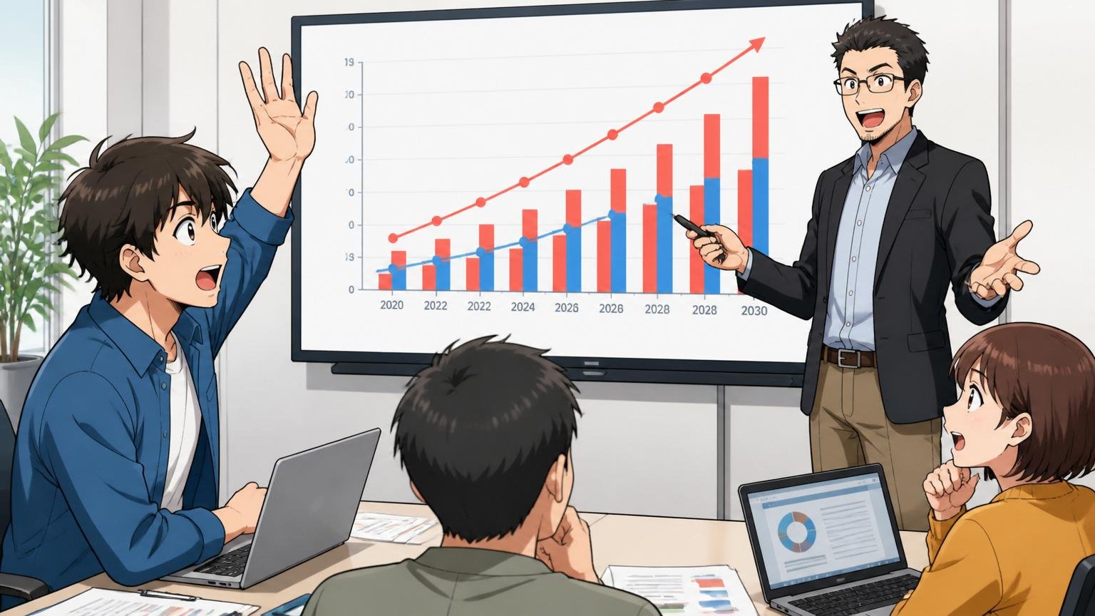 企業の会議室で2030年のIT人材需給グラフを見ながら手を挙げて質問するエンジニアと講師の対話シーン