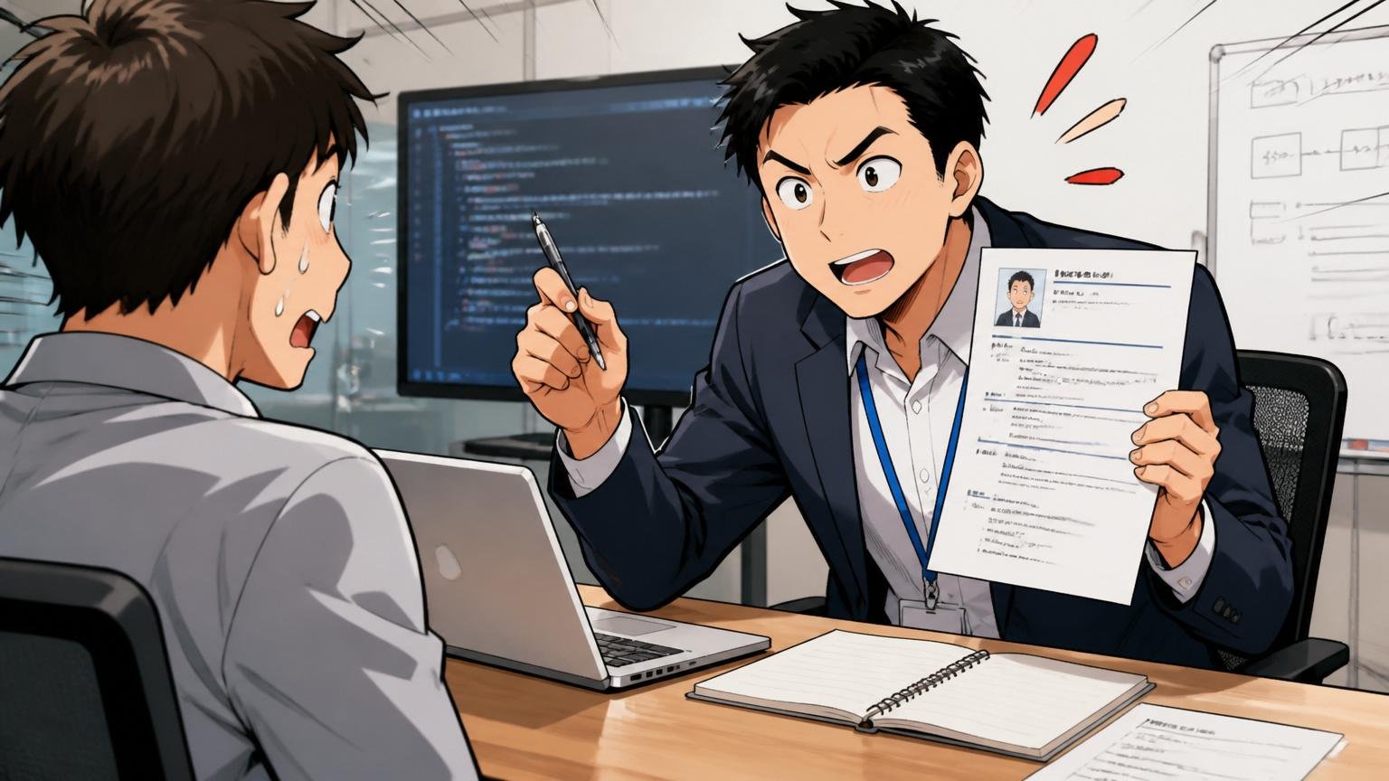 企業の会議室でIT特化型エージェントの担当者が応募者の職務経歴書を見ながら技術的な深掘り質問をしている様子