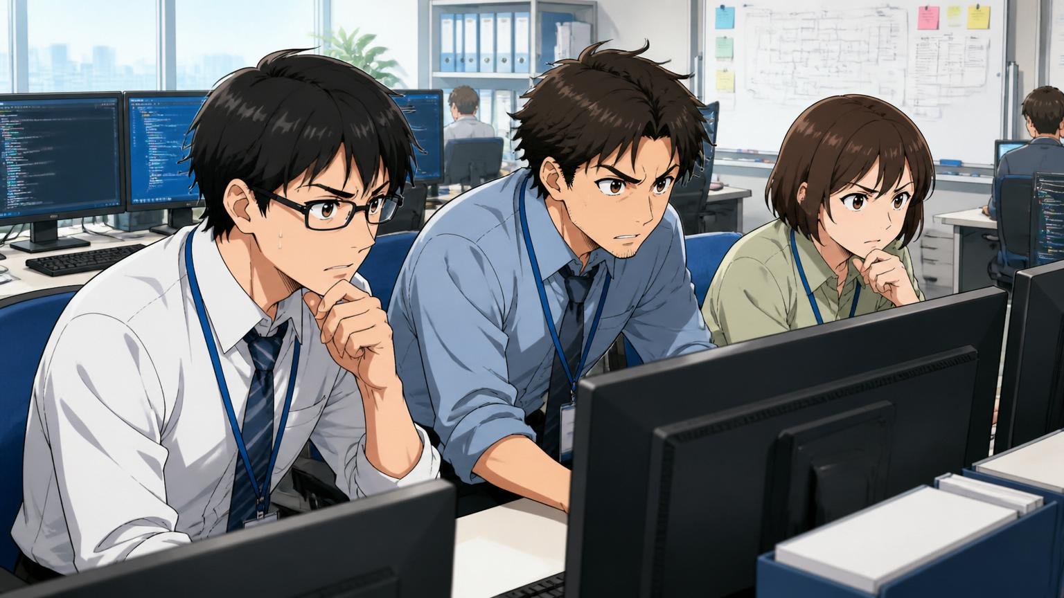 金融SIerのオフィスで複数のモニターを見ながら作業するエンジニア3人が真剣な表情で取り組んでいる
