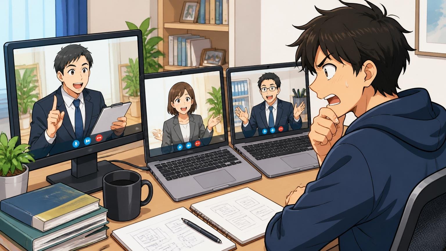 自宅のデスクで複数の転職エージェントの面談画面を開いて比較する30代エンジニアの場面