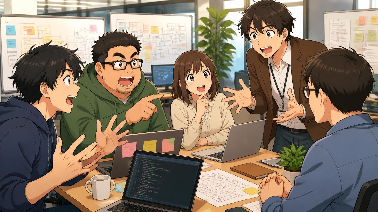 Web系スタートアップのオフィスで、複数のエンジニアたちが活発に議論しスカウト面談を受ける場面