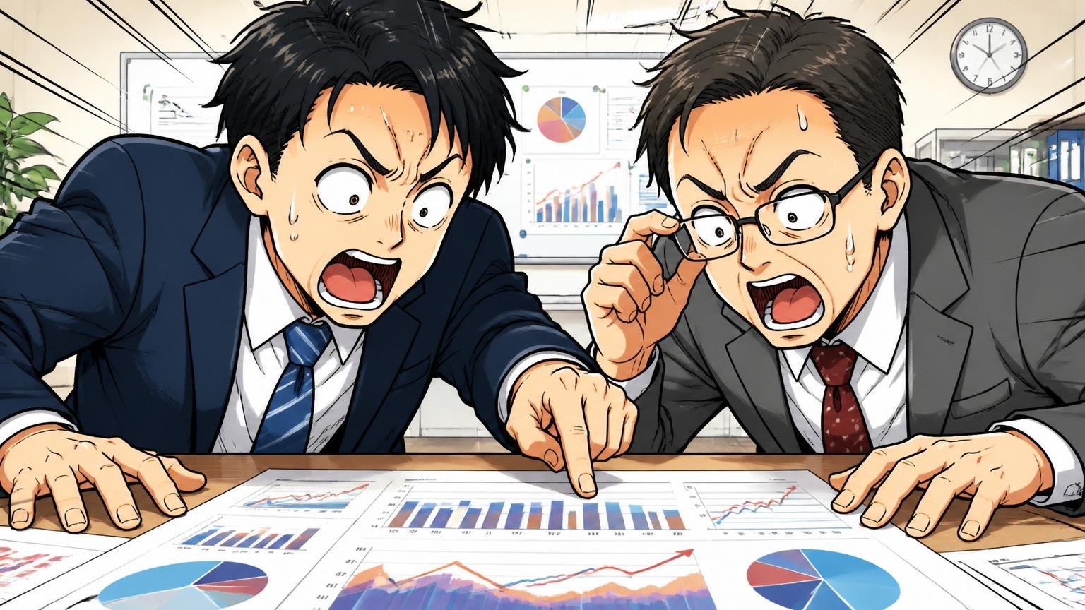 IT業界の人材不足を伝える経済産業省の試算データに見入る2人のスーツ姿の社員のシーン。2人。データに納得する真剣さのオーバーリアクション