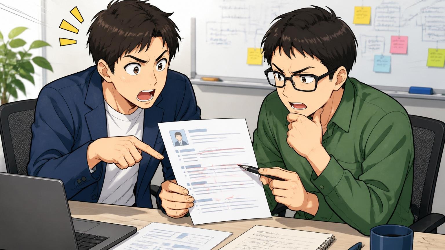 職務経歴書の弱点は他人の目でしか見えない。SIerの会議室でエンジニア2名が職務経歴書を一緒に添削する場面