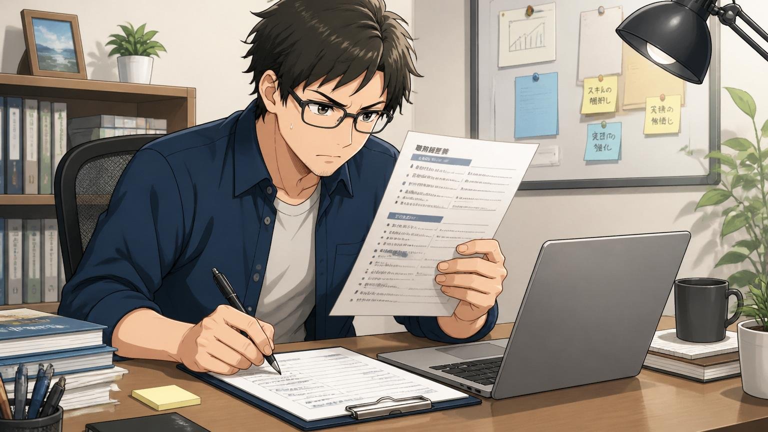 自宅のデスクで職務経歴書を見直しながら集中して書き込みをする30代エンジニア
