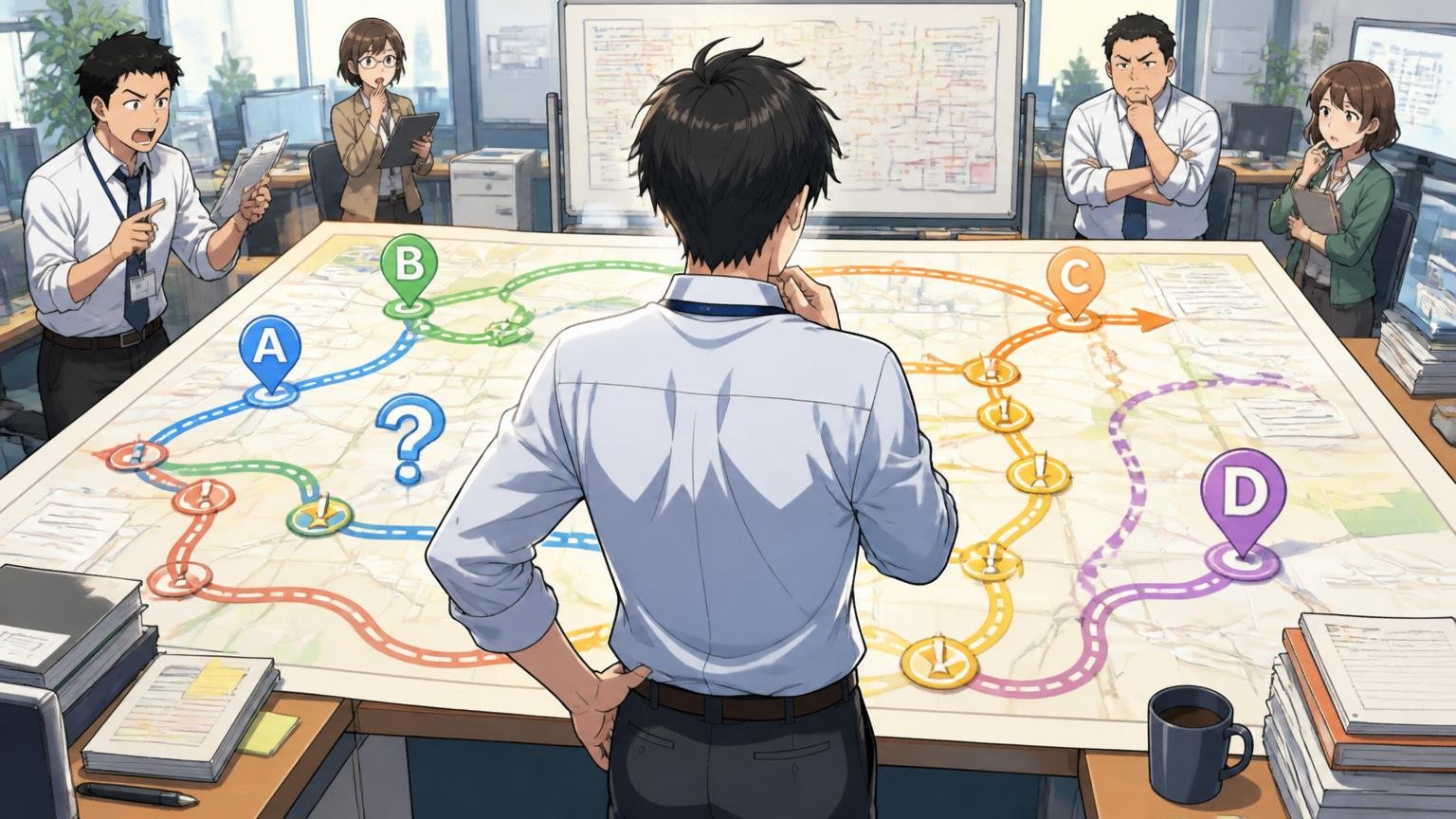 金融系SIerのオフィスで複数の選択肢を地図のように検討している30代エンジニアの後ろ姿