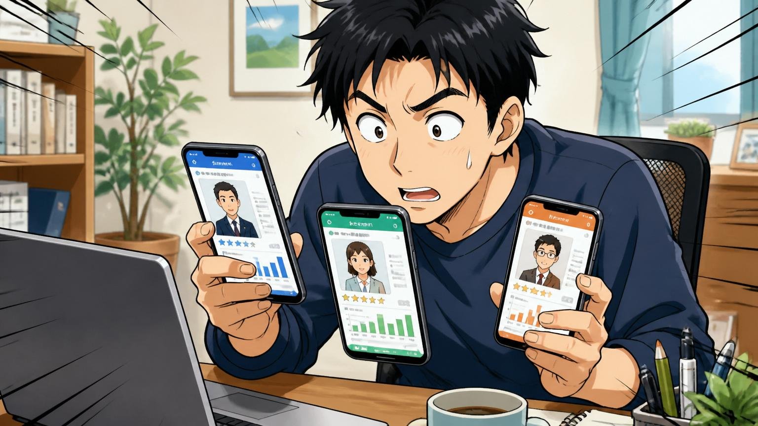 複数のエージェントのスマホ画面を比較する30代男性、自宅のデスクで在宅勤務、1人
