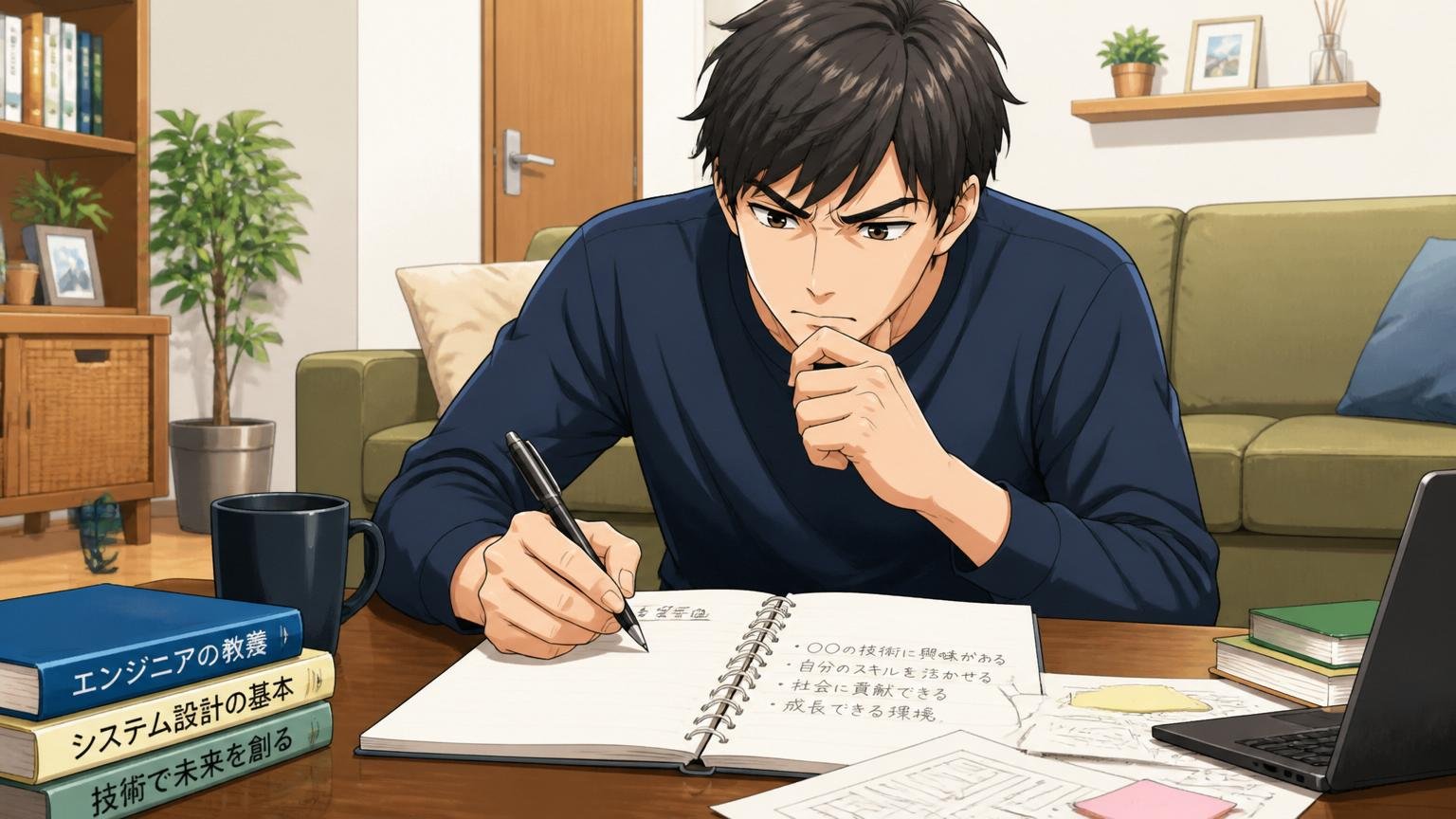 自宅のリビングでノートに志望理由を書き出す中堅エンジニアの姿