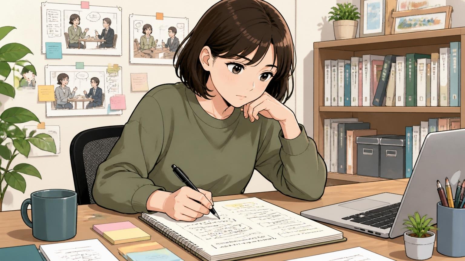 STEP2選考プロセスを面接日記で振り返る。自宅のデスクで30代女性エンジニア1人が面接の振り返りメモを書いている
