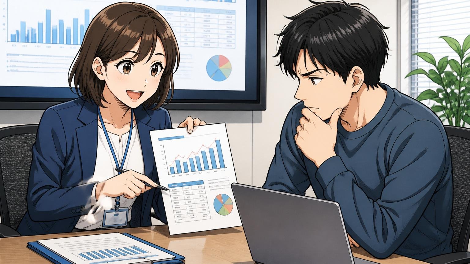 企業の会議室で年収査定の資料を提示するキャリアアドバイザー30代女性1人と確認する30代男性エンジニア1人