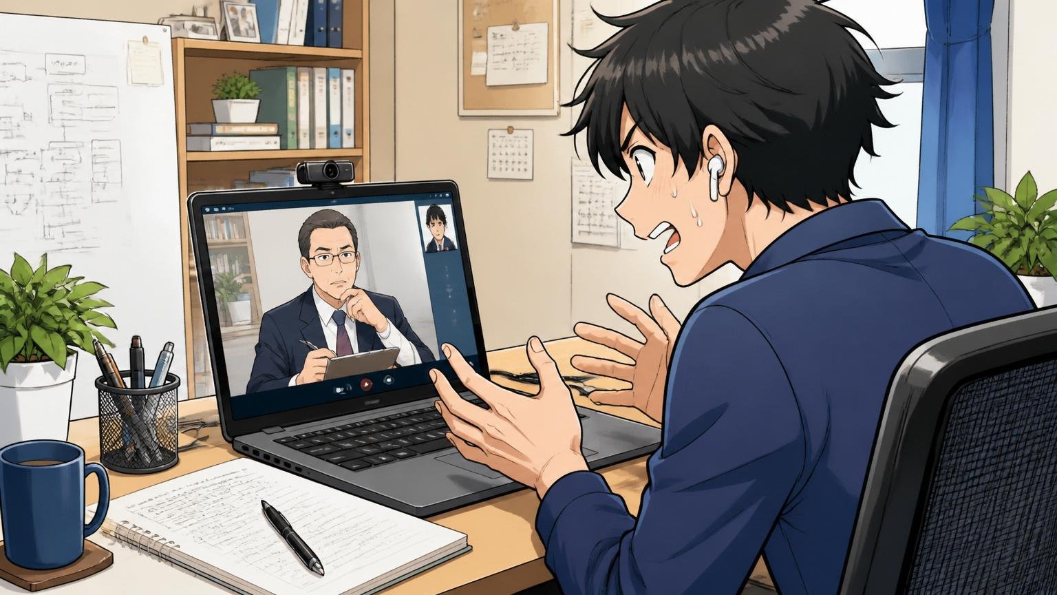 自宅のデスクで在宅勤務、1人のエンジニアがオンライン模擬面接の画面に向き合って練習する様子