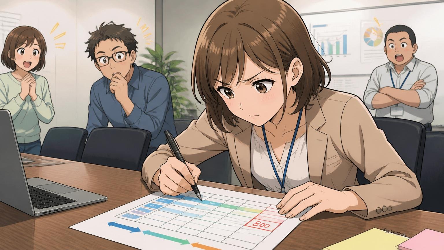 企業の会議室で、30代女性エンジニアが手元のキャリアプラン表に年収目標を書き込む真剣な様子