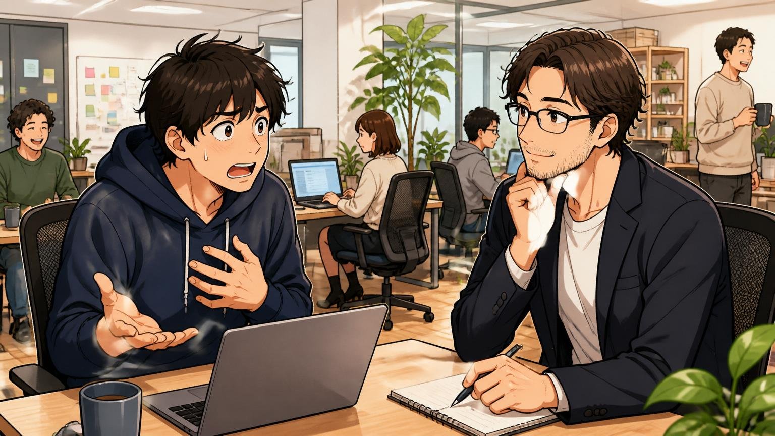 Web系スタートアップのオフィスで自分の市場価値を相談する経験者エンジニア1人、カウンセラー1人