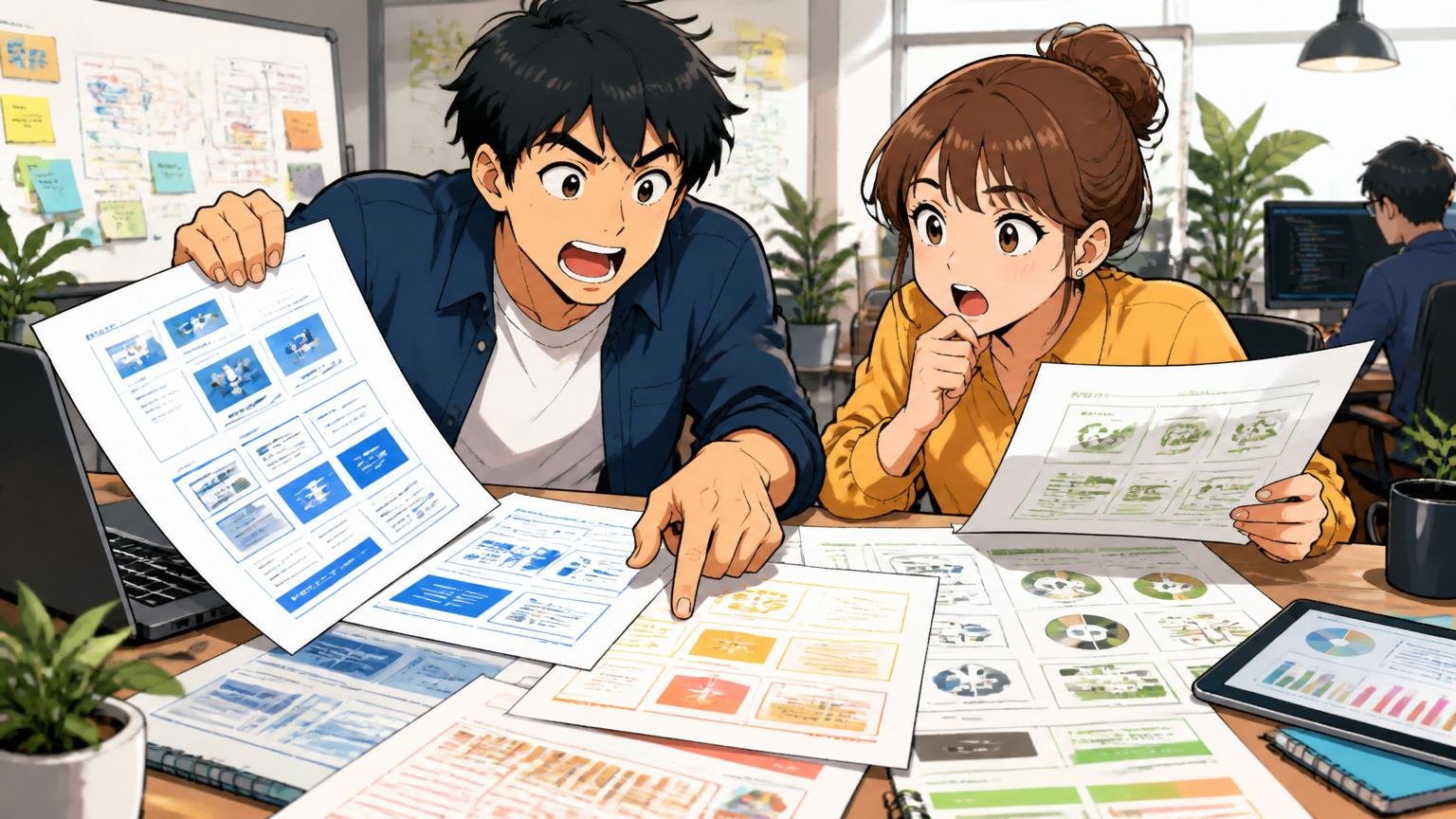 独立系SIerで案件の幅を広げる。Web系スタートアップのオフィスで男女2人。多様な案件資料を比較