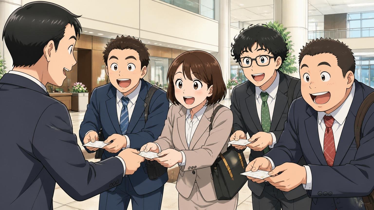 日立製作所のロビーで中途入社の社員5人が朝のオリエンテーションを受け笑顔で名刺を受け取る