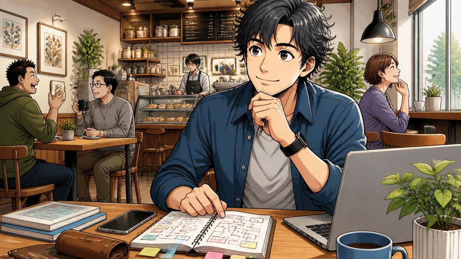 再挑戦する場合の進め方｜カフェでキャリアを練り直す30代エンジニア、前向きな表情