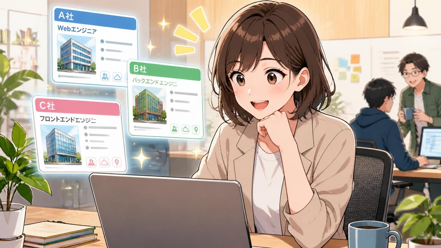 複数の企業の求人を比較して新しい可能性に目を向けるエンジニア。Web系スタートアップのオフィスで笑顔でパソコンを見る30代女性