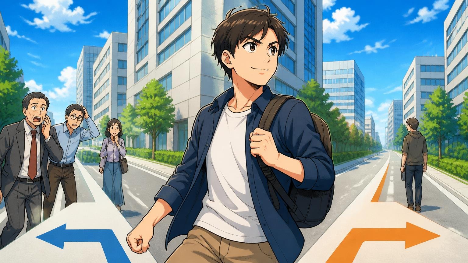 方向転換も選択肢。オフィス街の分かれ道で20代の若手男性エンジニアが前向きに新しい道へ力強く歩き出す表情