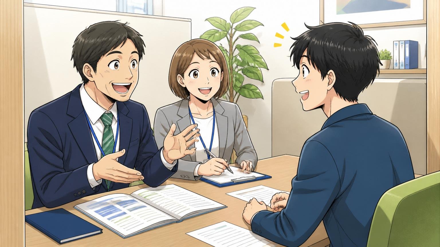 転職エージェントへ無料相談 面談ブースでアドバイザーに相談する求職者と担当2人、安心した表情