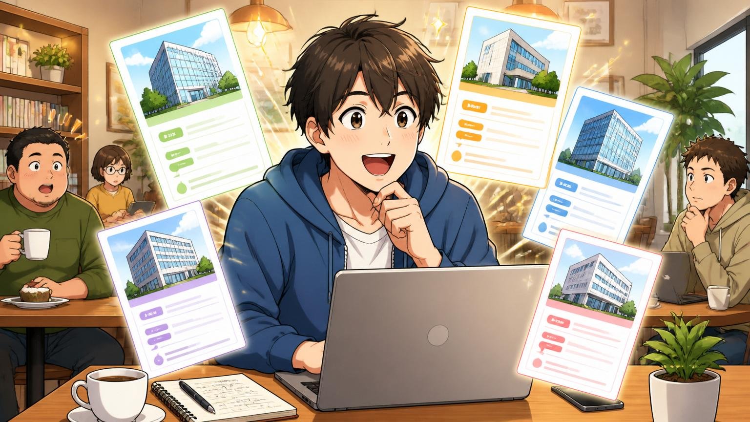 複数の企業の選択肢を見比べて視野が広がり表情が明るくなるエンジニアのカフェでの転職活動シーン