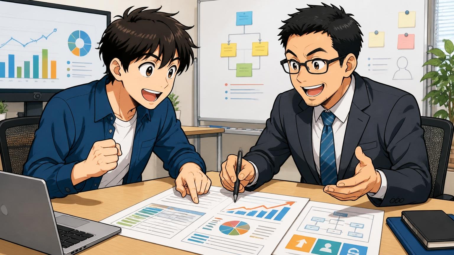 企業の会議室でIT専門アドバイザーと年収やキャリアを相談するエンジニア、資料を見て前向きに話す2人のシーン