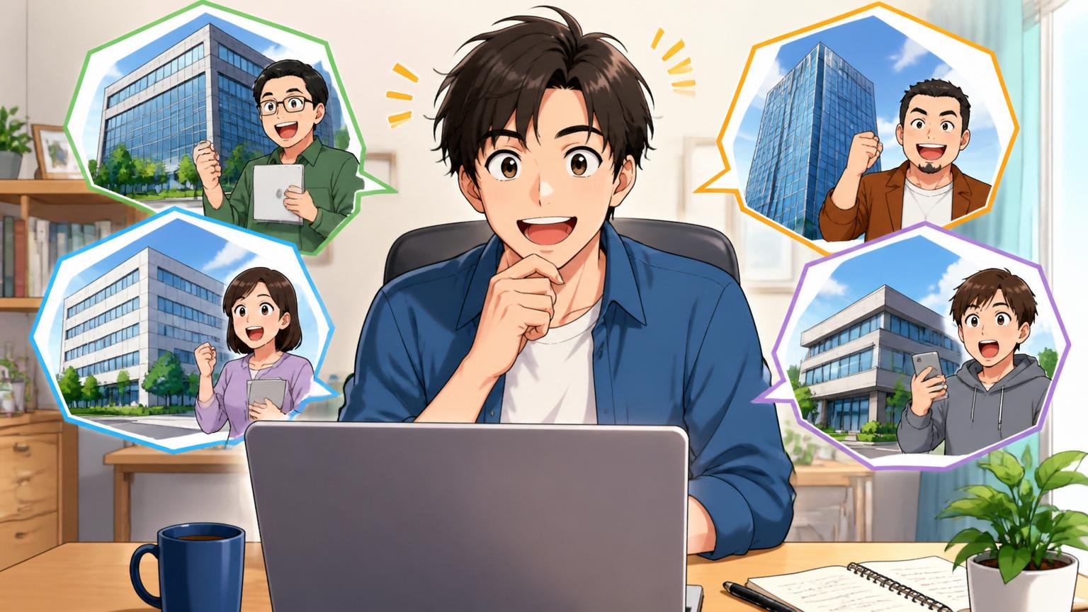複数の企業の選択肢を比べて視野を広げる30代エンジニア、自宅のデスクで明るい表情でPCを見る