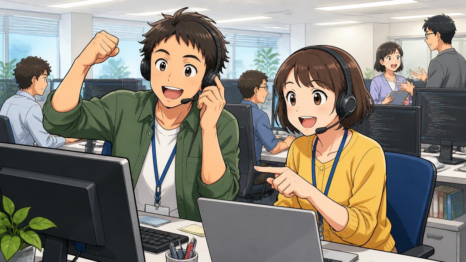 テック志向なら視野を広げよう、IT企業の開発フロアでサポート業務にあたる転職者、2人、明るい表情