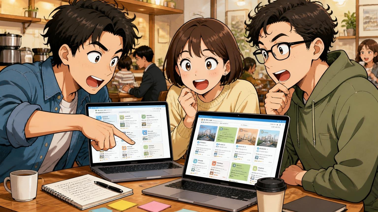複数の求人を比較して新しい道を探す転職希望者たち。カフェでノートPCを開いて話し合う3人
