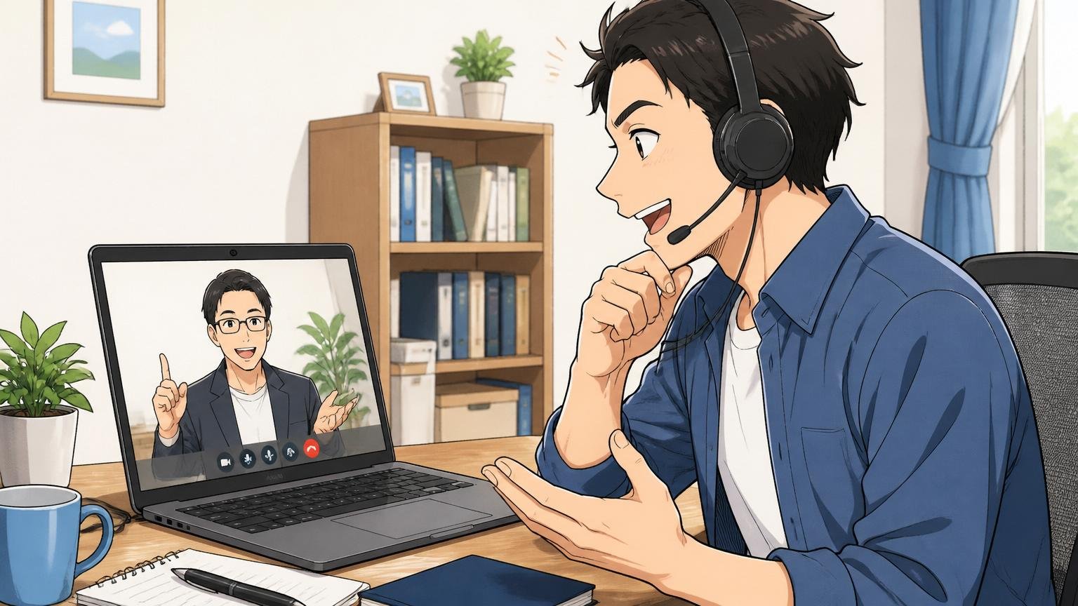 オンラインでキャリア相談を受ける人、自宅のデスクでヘッドセットを着けて画面越しに相談する30代男性1人