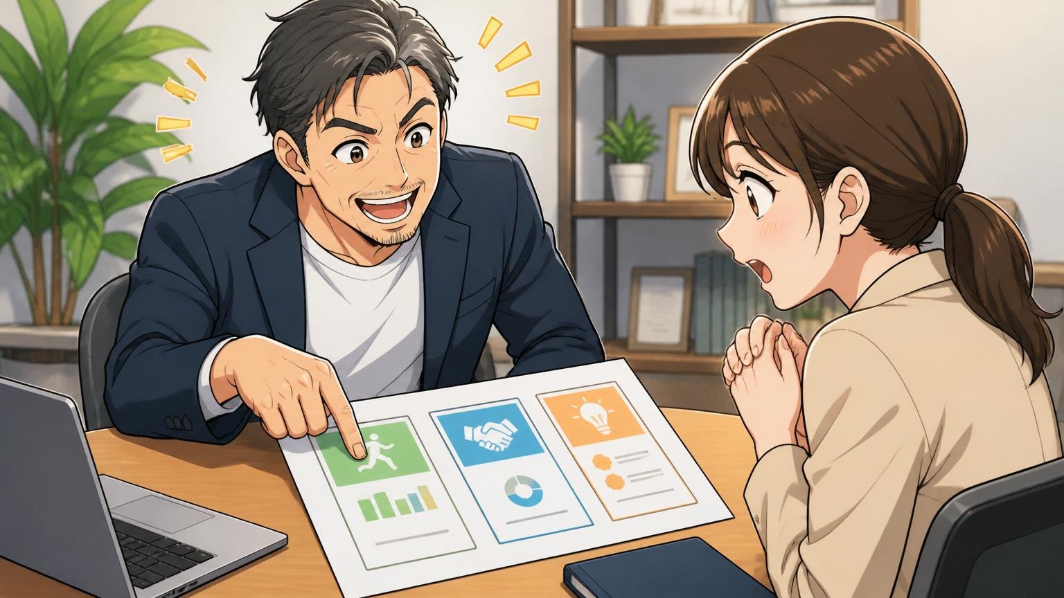「経験者の市場で価値を測る」面談スペースで40代男性アドバイザーが30代女性に選択肢を指し示す