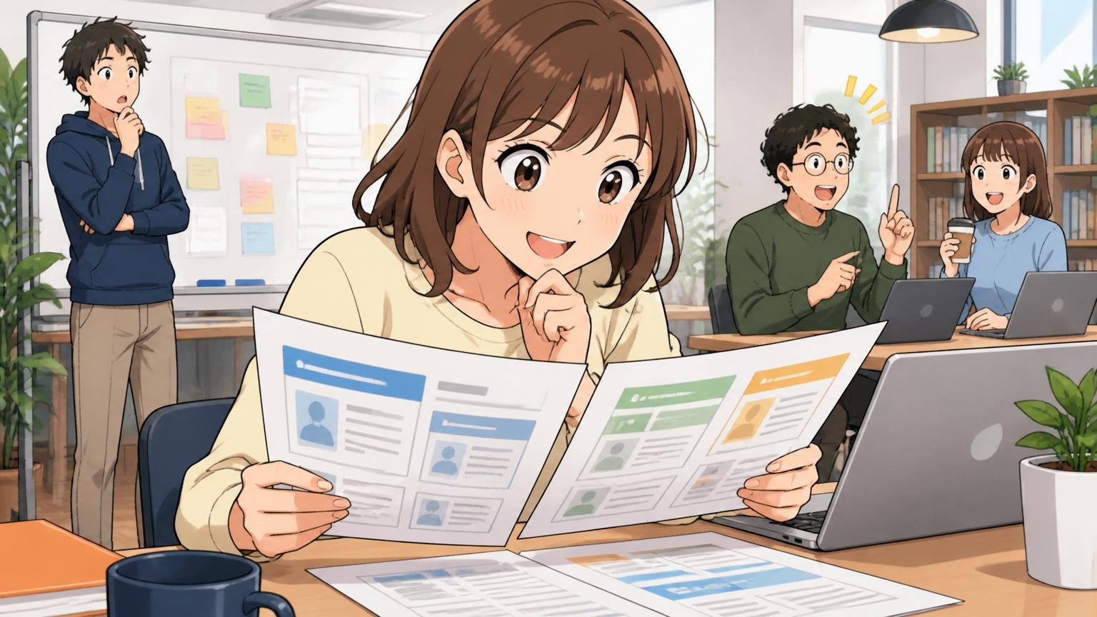 方向転換を選ぶ、Web系スタートアップのオフィスで新しい会社の求人を前向きに比較検討する20代女性