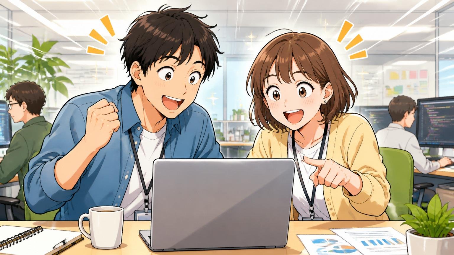 Web系企業のオフィスで新しい選択肢を見つけて表情が明るくなる20代の男女